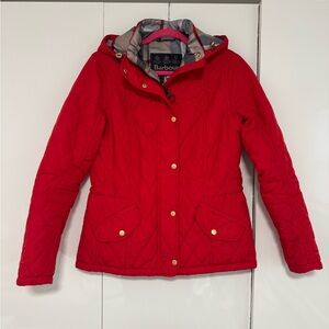 Barbour Red Quilted Jacket w/ Tartan Lining Hooded | US 8 / UK 12
